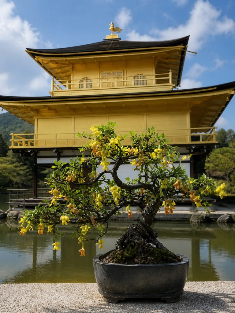 金閣寺を背景にした金雀花の文人縁